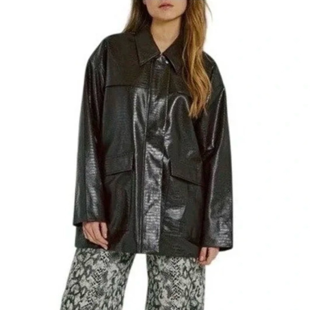 Lioness Vegan Croc Leather Oversized Coat Size Large 
Black Streetwear Edgy